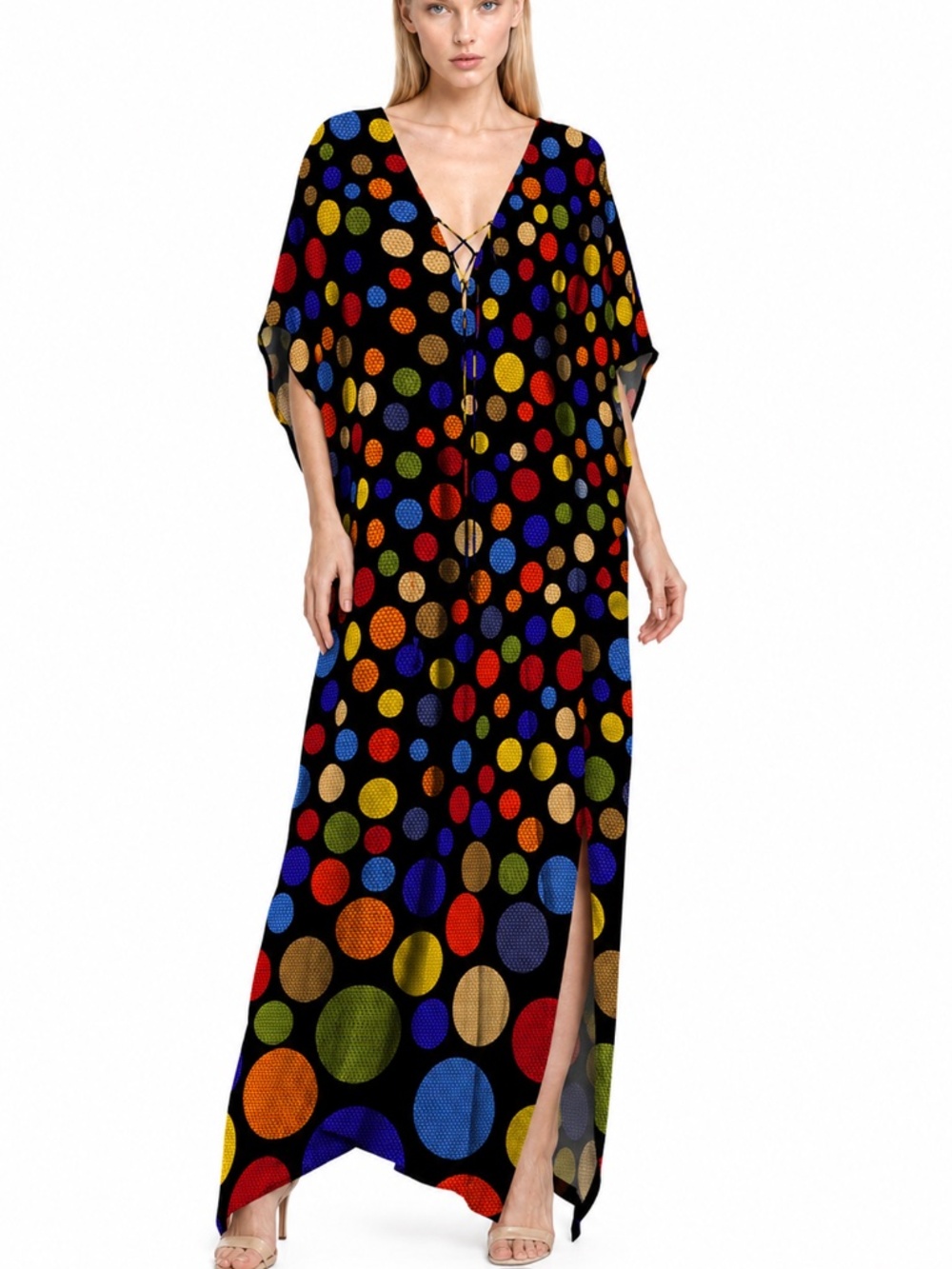 Shahida Parides Black Multicolor Polka Dot Kaftan Caftan Maxi Resort Dress